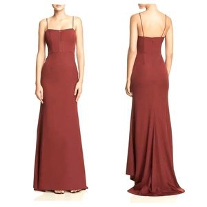 Jarlo Wine Red Maxi with Train. High Low Formal Dress Fluted Evening Noelle Gown